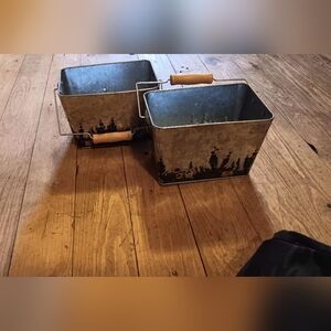 Rustic Metal Storage Bins with Wooden Handles